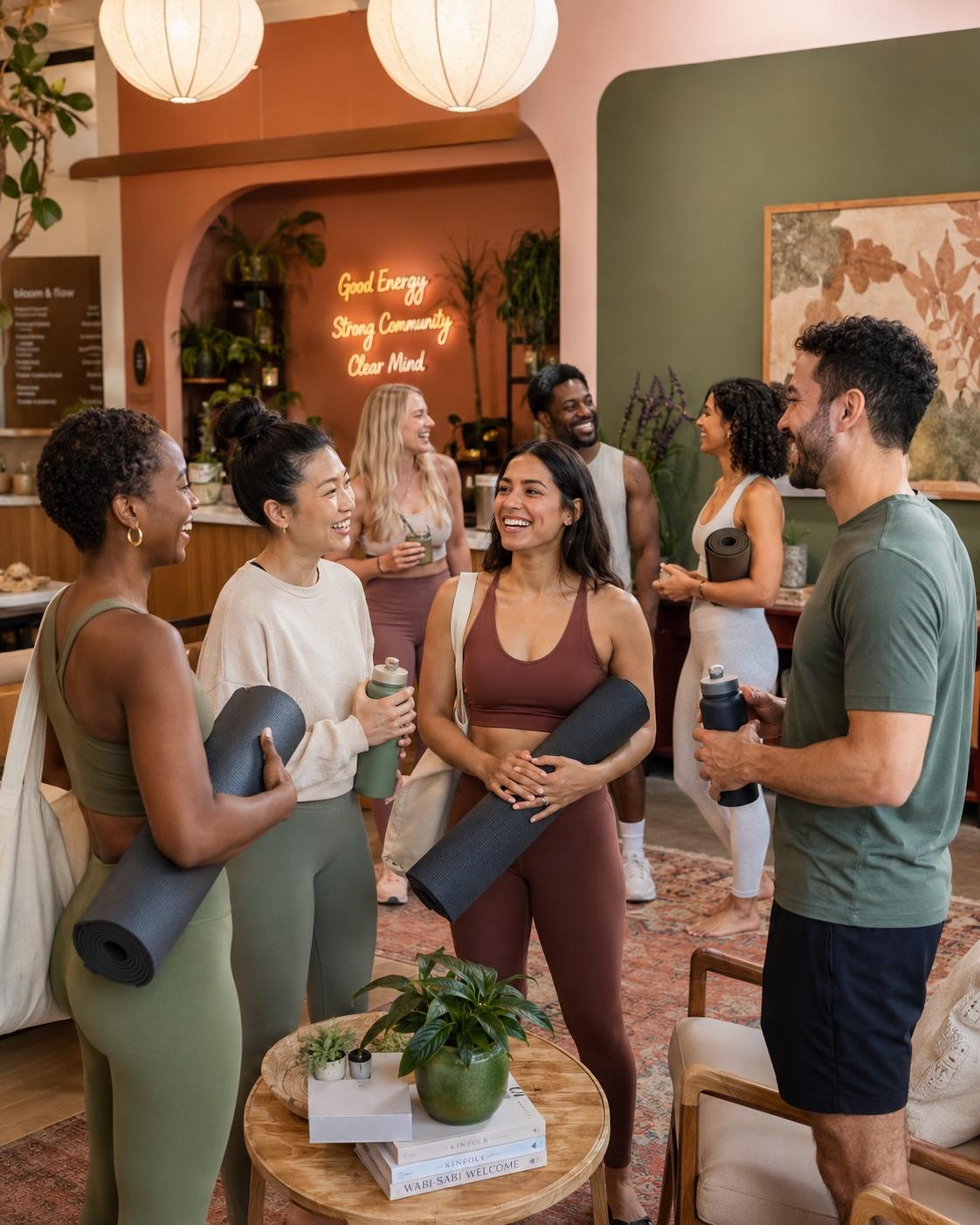 A diverse group of clients chatting together after class in a studio lounge.