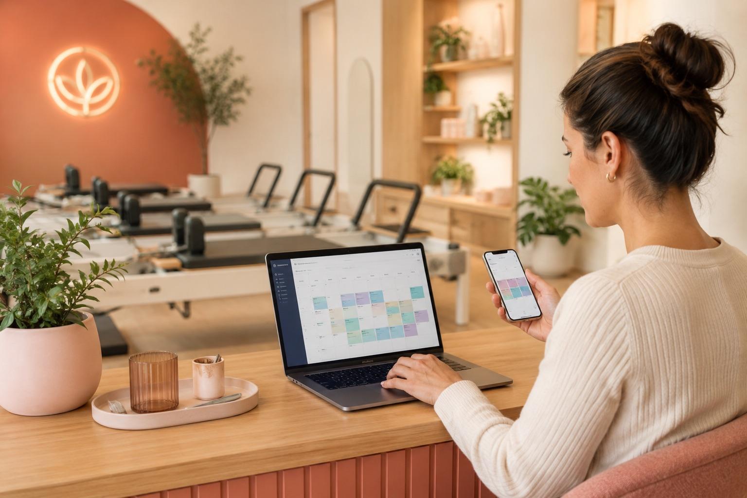 A studio owner planning the week on a laptop calendar in her studio.