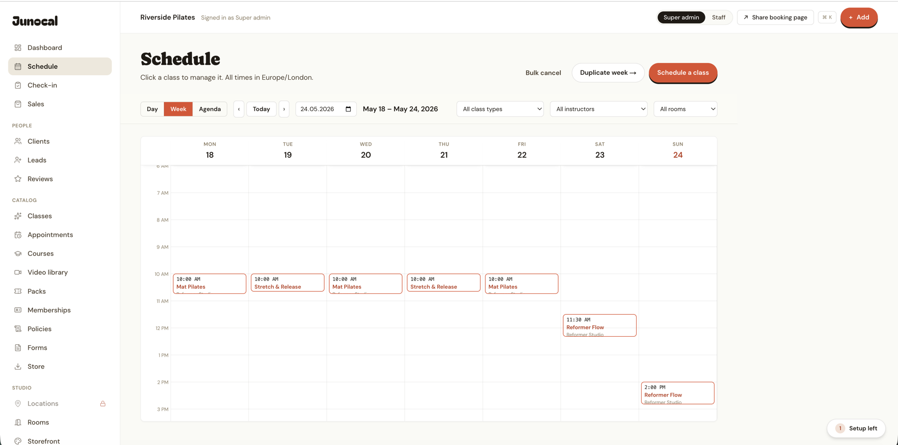 Junocal's operator calendar with a week of classes laid out on the grid.